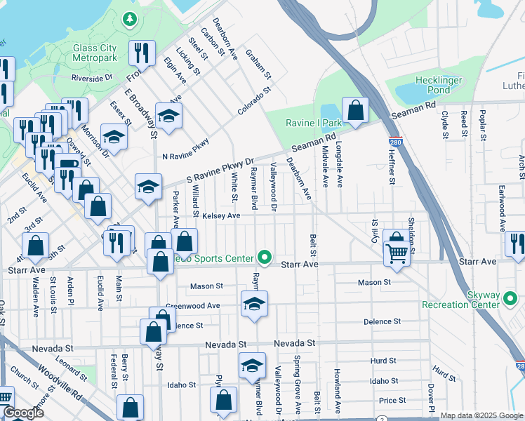 map of restaurants, bars, coffee shops, grocery stores, and more near 1511 Kelsey Avenue in Toledo