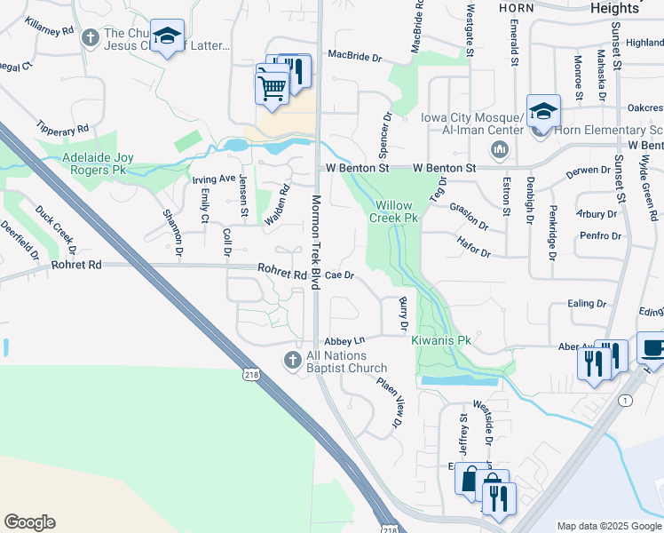map of restaurants, bars, coffee shops, grocery stores, and more near 1215 Cambria Court in Iowa City
