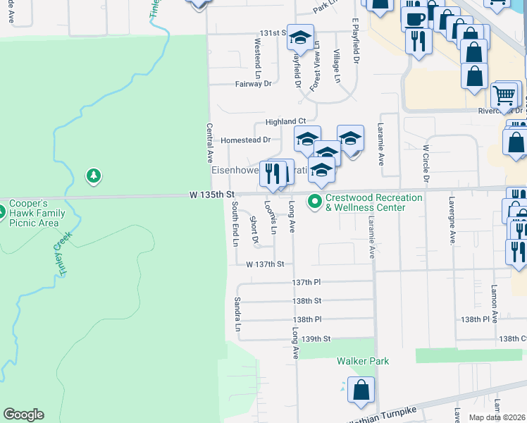 map of restaurants, bars, coffee shops, grocery stores, and more near 13516 Loomis Lane in Crestwood