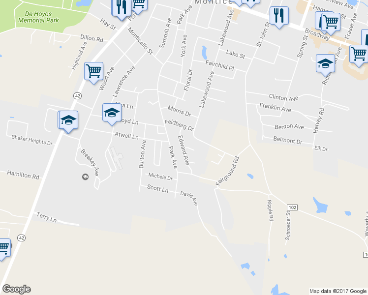 map of restaurants, bars, coffee shops, grocery stores, and more near 20 Edward Avenue in Monticello