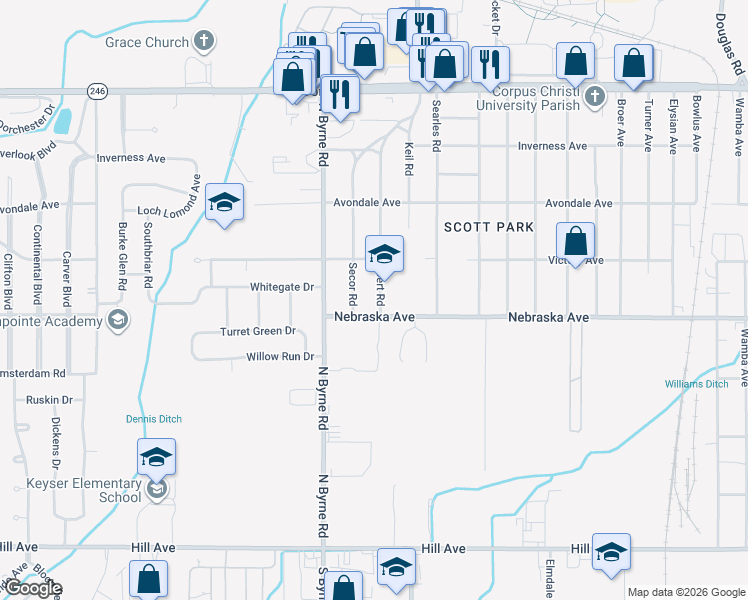 map of restaurants, bars, coffee shops, grocery stores, and more near 600-630 Cuthbert Road in Toledo