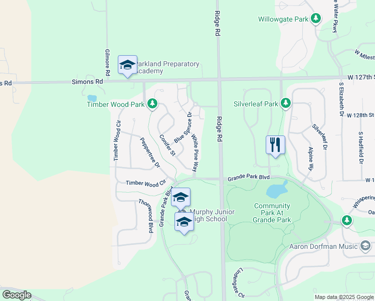 map of restaurants, bars, coffee shops, grocery stores, and more near 12927 Cypress Lane in Plainfield