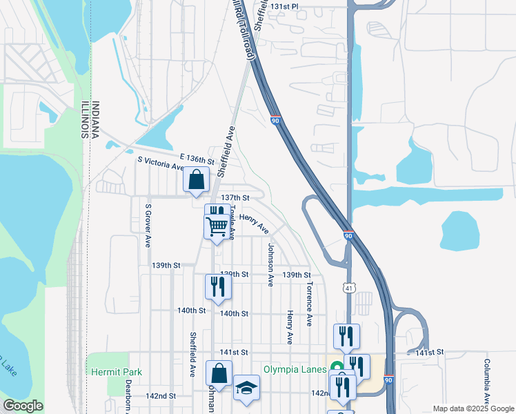 map of restaurants, bars, coffee shops, grocery stores, and more near 3712 Torrence Avenue in Hammond