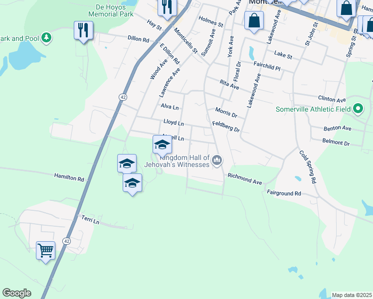 map of restaurants, bars, coffee shops, grocery stores, and more near 14 Burton Avenue in Monticello