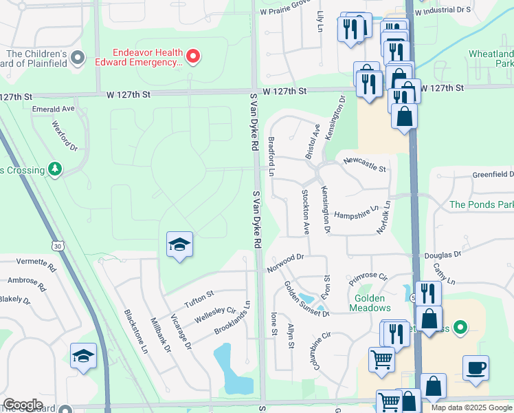 map of restaurants, bars, coffee shops, grocery stores, and more near 12970 South Van Dyke Road in Plainfield