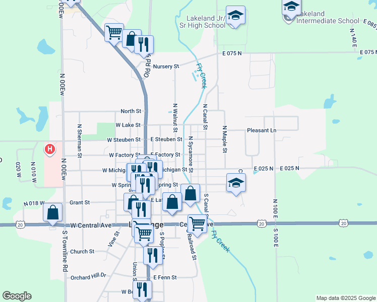 map of restaurants, bars, coffee shops, grocery stores, and more near 301 North Sycamore Street in LaGrange