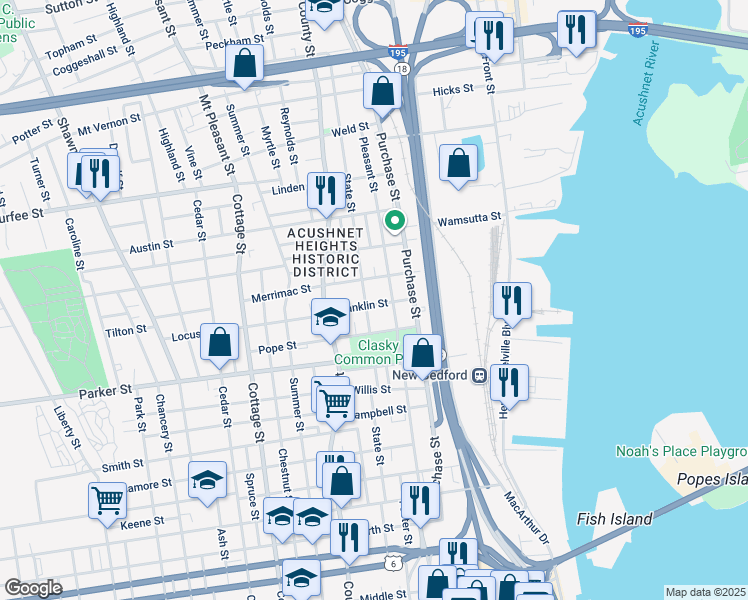 map of restaurants, bars, coffee shops, grocery stores, and more near 1211 Pleasant Street in New Bedford