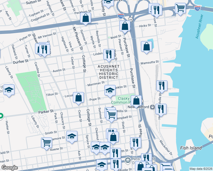 map of restaurants, bars, coffee shops, grocery stores, and more near 735 County Street in New Bedford