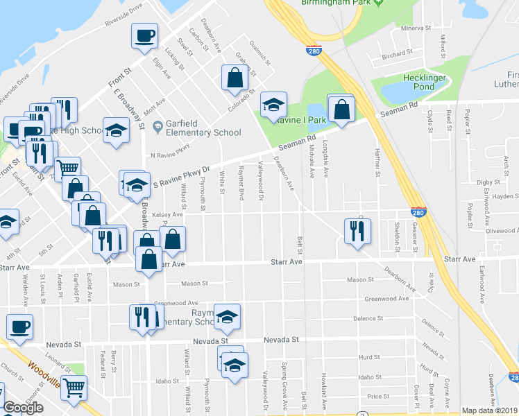 map of restaurants, bars, coffee shops, grocery stores, and more near 1511 Kelsey Avenue in Toledo