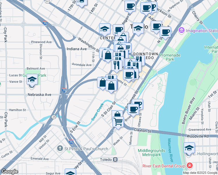 map of restaurants, bars, coffee shops, grocery stores, and more near 602 Market Street in Toledo