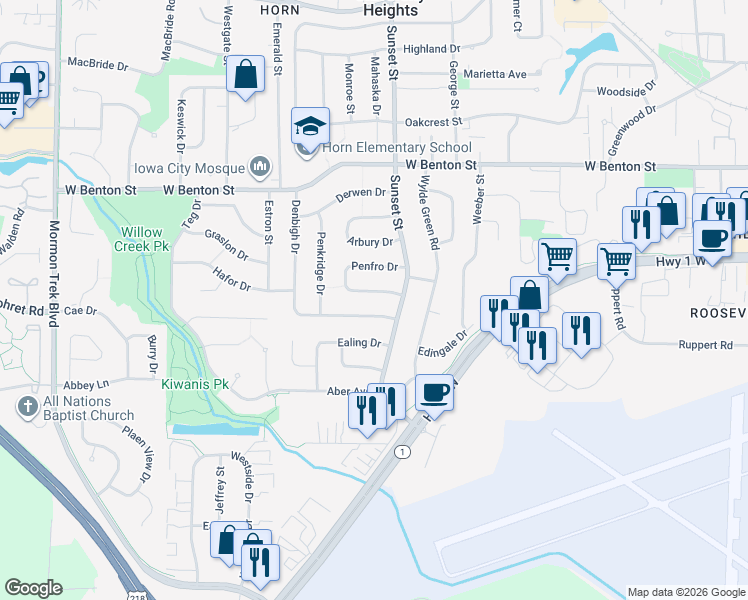 map of restaurants, bars, coffee shops, grocery stores, and more near 147 Penfro Drive in Iowa City