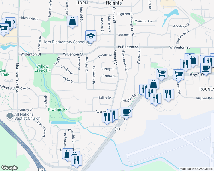map of restaurants, bars, coffee shops, grocery stores, and more near 147 Penfro Drive in Iowa City