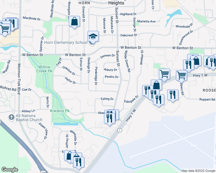 map of restaurants, bars, coffee shops, grocery stores, and more near 100 Penfro Drive in Iowa City