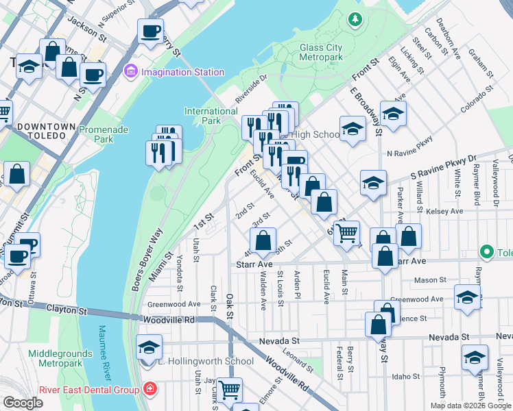 map of restaurants, bars, coffee shops, grocery stores, and more near 430 2nd Street in Toledo