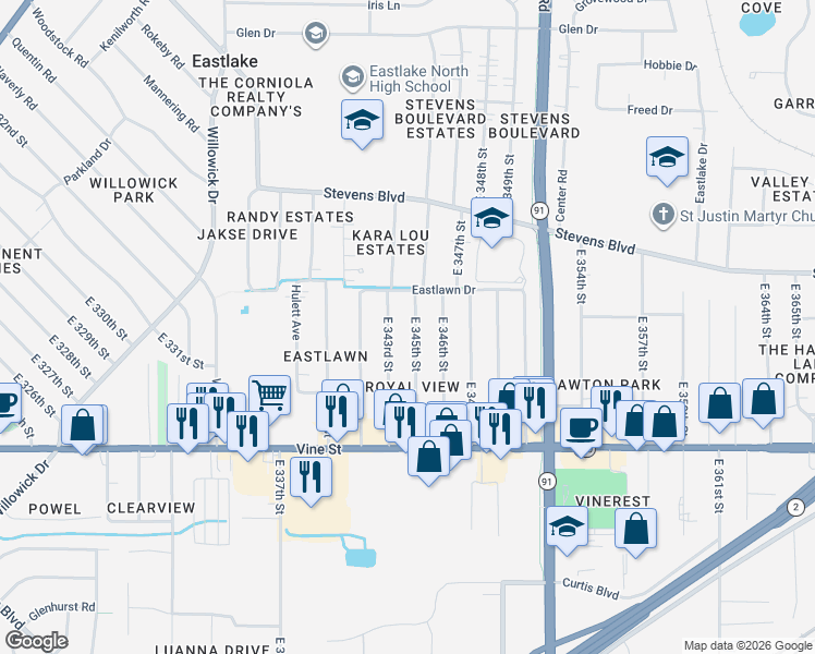 map of restaurants, bars, coffee shops, grocery stores, and more near 1255 East 345th Street in Eastlake