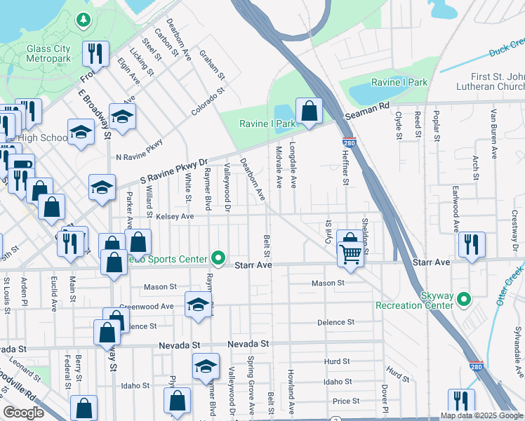 map of restaurants, bars, coffee shops, grocery stores, and more near 1721 Kelsey Avenue in Toledo