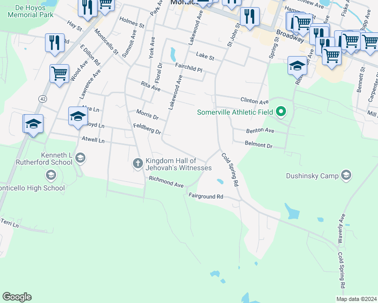 map of restaurants, bars, coffee shops, grocery stores, and more near 37 Woodcliff Avenue in Monticello