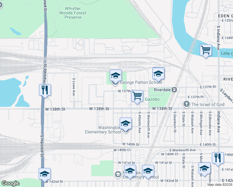 map of restaurants, bars, coffee shops, grocery stores, and more near 13703 South Stewart Avenue in Riverdale