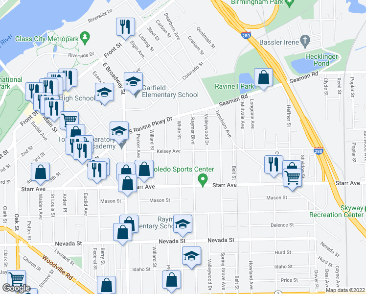 map of restaurants, bars, coffee shops, grocery stores, and more near 1405 Kelsey Avenue in Toledo