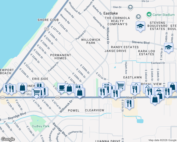 map of restaurants, bars, coffee shops, grocery stores, and more near 467 East 330th Street in Willowick