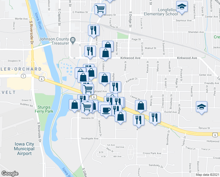 map of restaurants, bars, coffee shops, grocery stores, and more near 416 Highland Avenue in Iowa City
