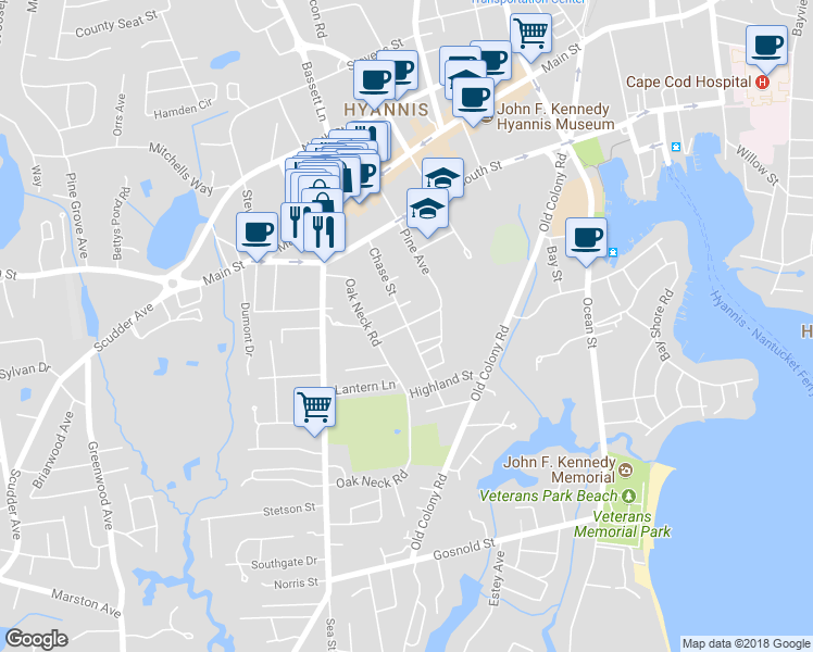 map of restaurants, bars, coffee shops, grocery stores, and more near 43 Harvard Street in Barnstable