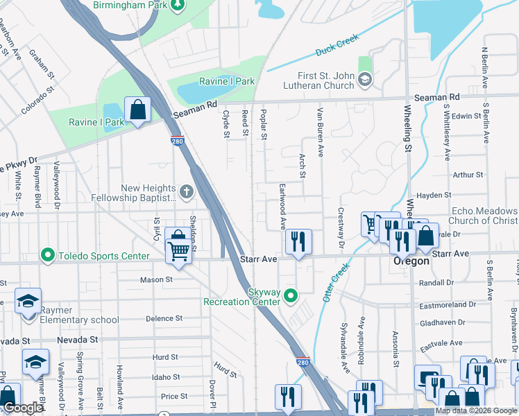 map of restaurants, bars, coffee shops, grocery stores, and more near 242 Poplar Street in Toledo