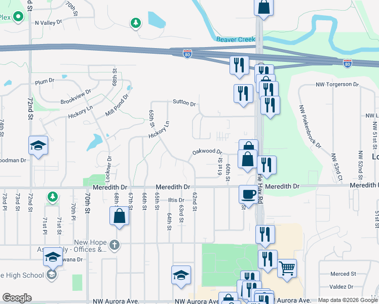 map of restaurants, bars, coffee shops, grocery stores, and more near 6143 Oakwood Drive in Urbandale