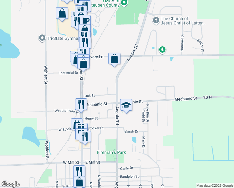 map of restaurants, bars, coffee shops, grocery stores, and more near 1000 Williams Street in Angola