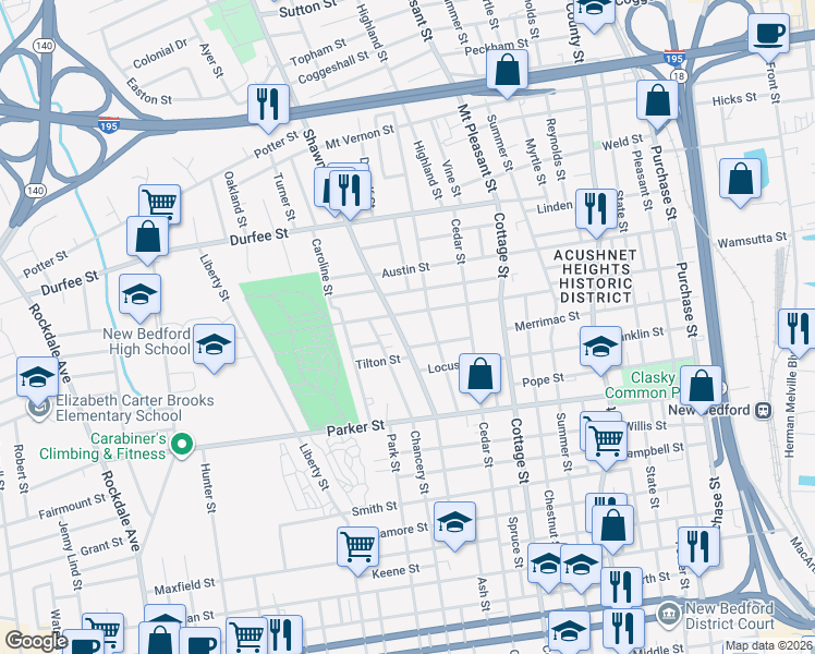 map of restaurants, bars, coffee shops, grocery stores, and more near 142 Shawmut Avenue in New Bedford