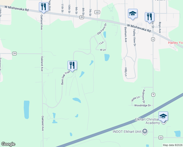 map of restaurants, bars, coffee shops, grocery stores, and more near 3621 Oak Ridge Drive in Elkhart