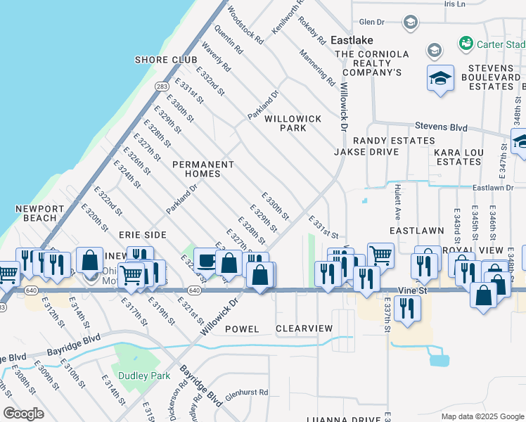map of restaurants, bars, coffee shops, grocery stores, and more near 443 E 329th St in Willowick