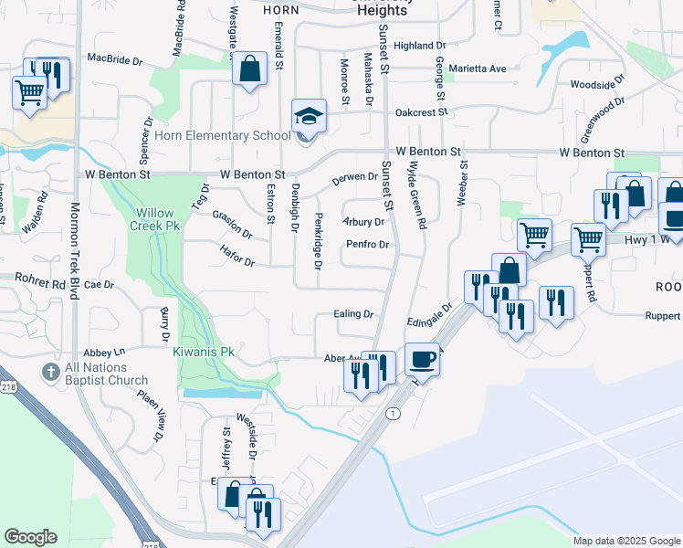 map of restaurants, bars, coffee shops, grocery stores, and more near 100 Penfro Dr in Iowa City