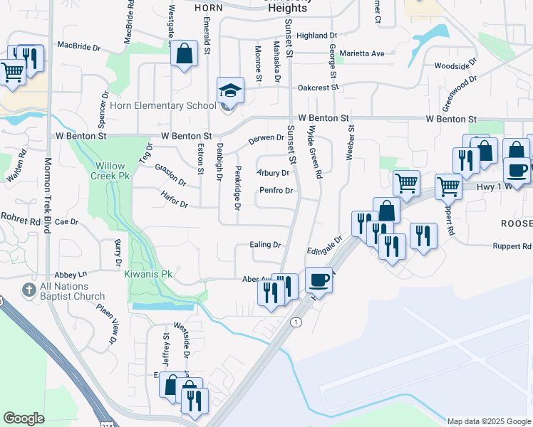 map of restaurants, bars, coffee shops, grocery stores, and more near 100 Penfro Drive in Iowa City