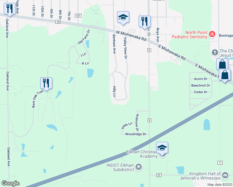 map of restaurants, bars, coffee shops, grocery stores, and more near 58440 Hilly Lane in Elkhart
