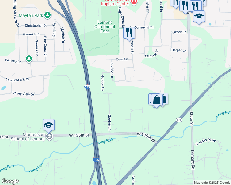 map of restaurants, bars, coffee shops, grocery stores, and more near 1365 Gordon Lane in Lemont
