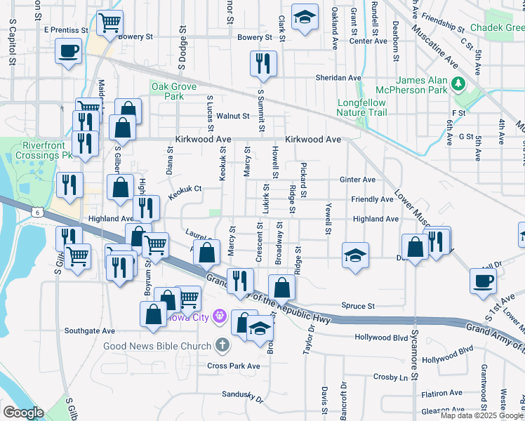 map of restaurants, bars, coffee shops, grocery stores, and more near 1315 Lukirk Street in Iowa City