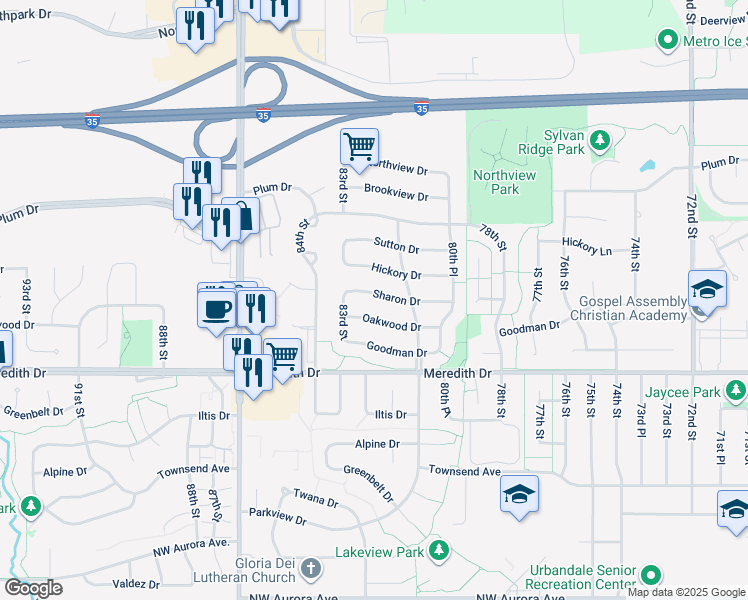 map of restaurants, bars, coffee shops, grocery stores, and more near 8200 Sharon Drive in Urbandale