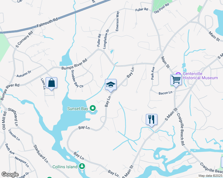 map of restaurants, bars, coffee shops, grocery stores, and more near 585 Bay Lane in Barnstable