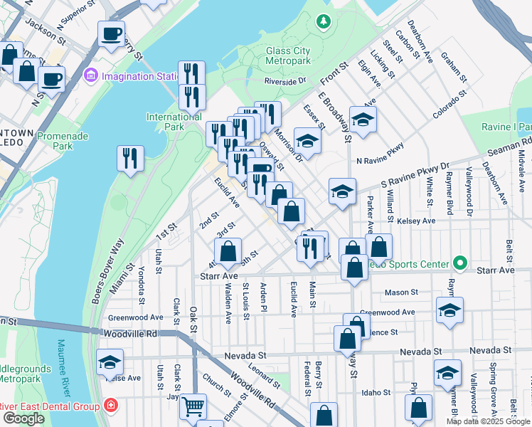 map of restaurants, bars, coffee shops, grocery stores, and more near 324 Main Street in Toledo