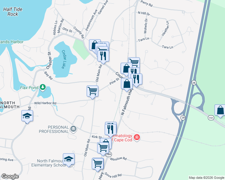 map of restaurants, bars, coffee shops, grocery stores, and more near 14 Overy Drive in Falmouth
