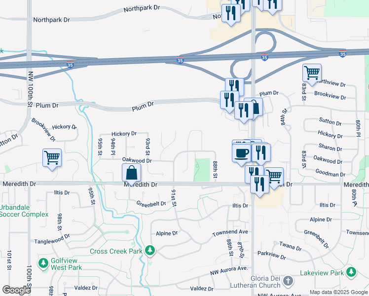 map of restaurants, bars, coffee shops, grocery stores, and more near 9001 Oakwood Drive in Urbandale