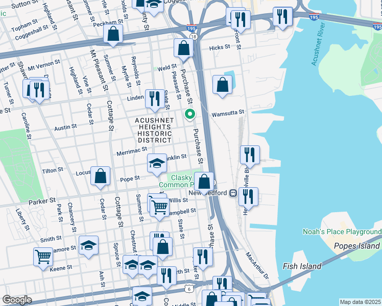 map of restaurants, bars, coffee shops, grocery stores, and more near 1211 Pleasant Street in New Bedford