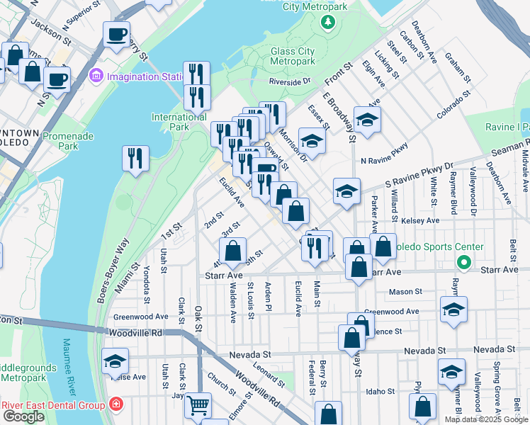 map of restaurants, bars, coffee shops, grocery stores, and more near 513 4th Street in Toledo