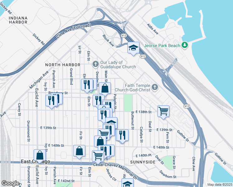 map of restaurants, bars, coffee shops, grocery stores, and more near 3710 Pulaski Street in East Chicago