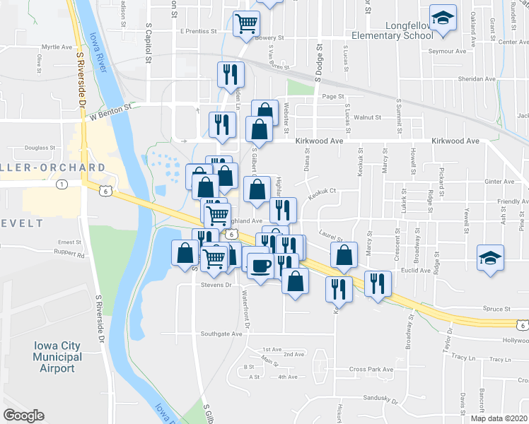 map of restaurants, bars, coffee shops, grocery stores, and more near 416 Highland Avenue in Iowa City