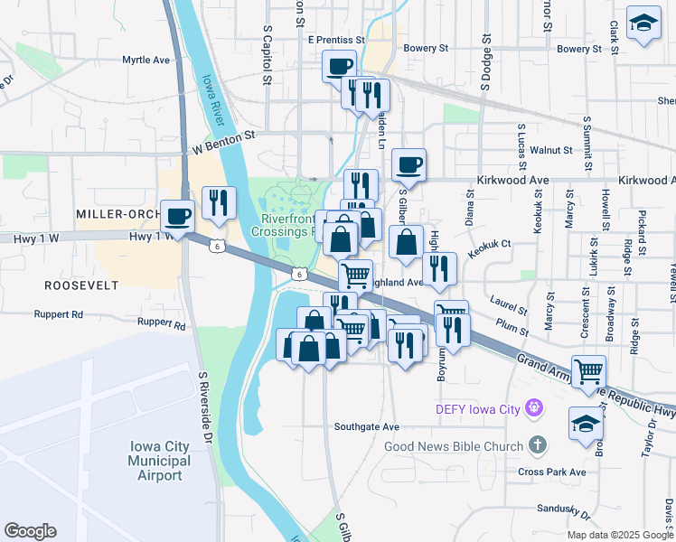 map of restaurants, bars, coffee shops, grocery stores, and more near 1305 South Gilbert Street in Iowa City