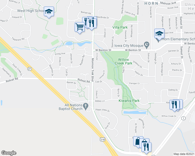map of restaurants, bars, coffee shops, grocery stores, and more near in Iowa City
