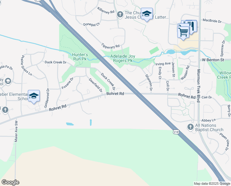 map of restaurants, bars, coffee shops, grocery stores, and more near 3085 Rohret Road in Iowa City