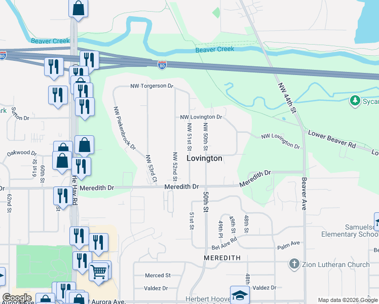 map of restaurants, bars, coffee shops, grocery stores, and more near 4711 Northwest 52nd Street in Des Moines